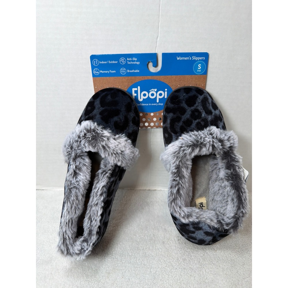 Floopi Slippers Womens S Small 5-6 Black Leopard Faux Fur Memory Foam 365 New